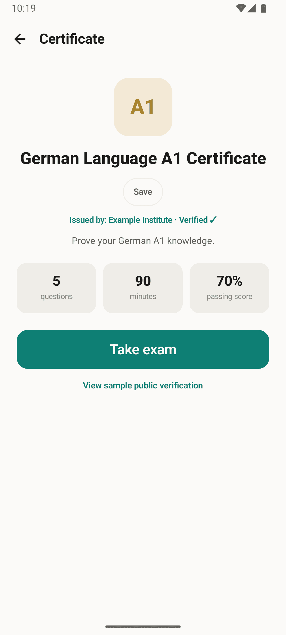 Amozgar native mobile app certificate detail screen