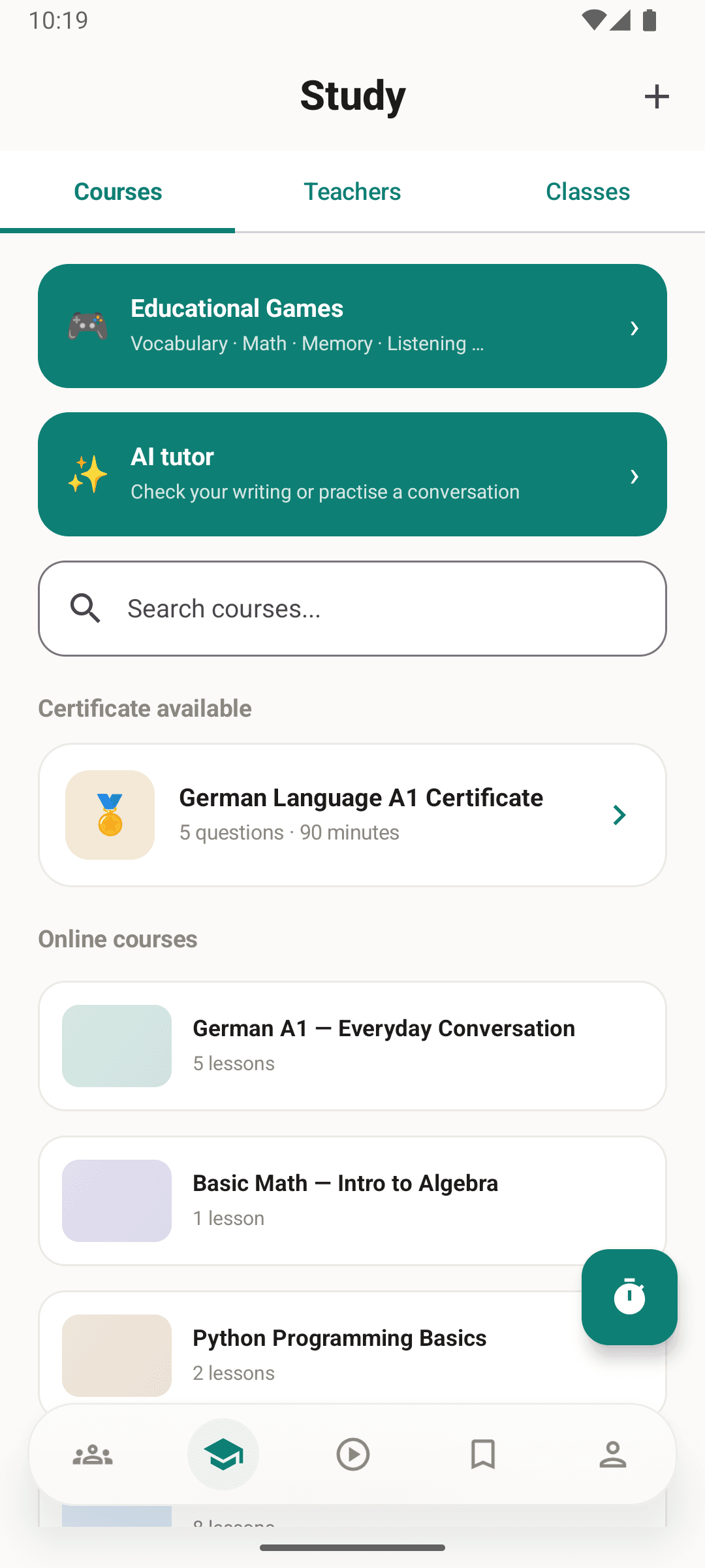 Amozgar native mobile app study tab with courses and certificates