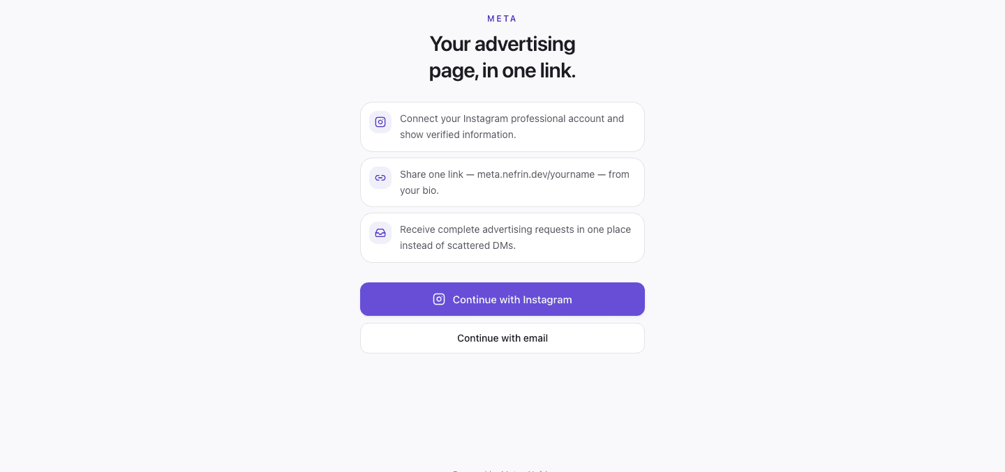 Meta landing page — connect Instagram, share one link, receive advertising requests in one inbox