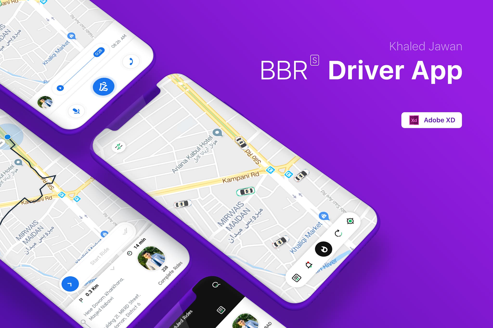 BBR driver app map and ride screens over central Kabul