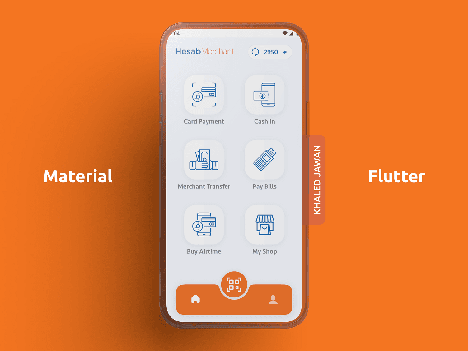 Hesab Merchant app home screen with card payment, cash in, transfer, and bill pay