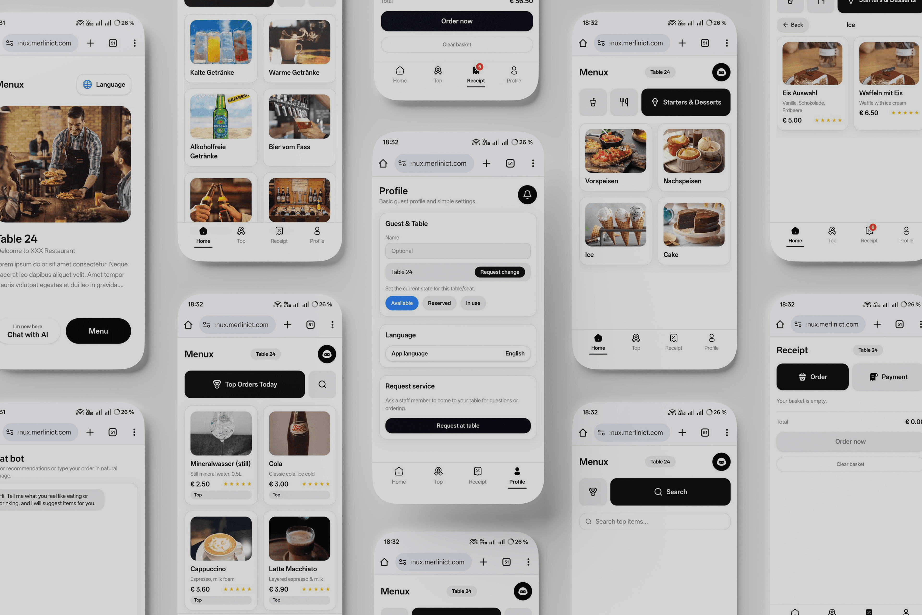Menux digital menu app screens — categories, cart, receipt, and profile
