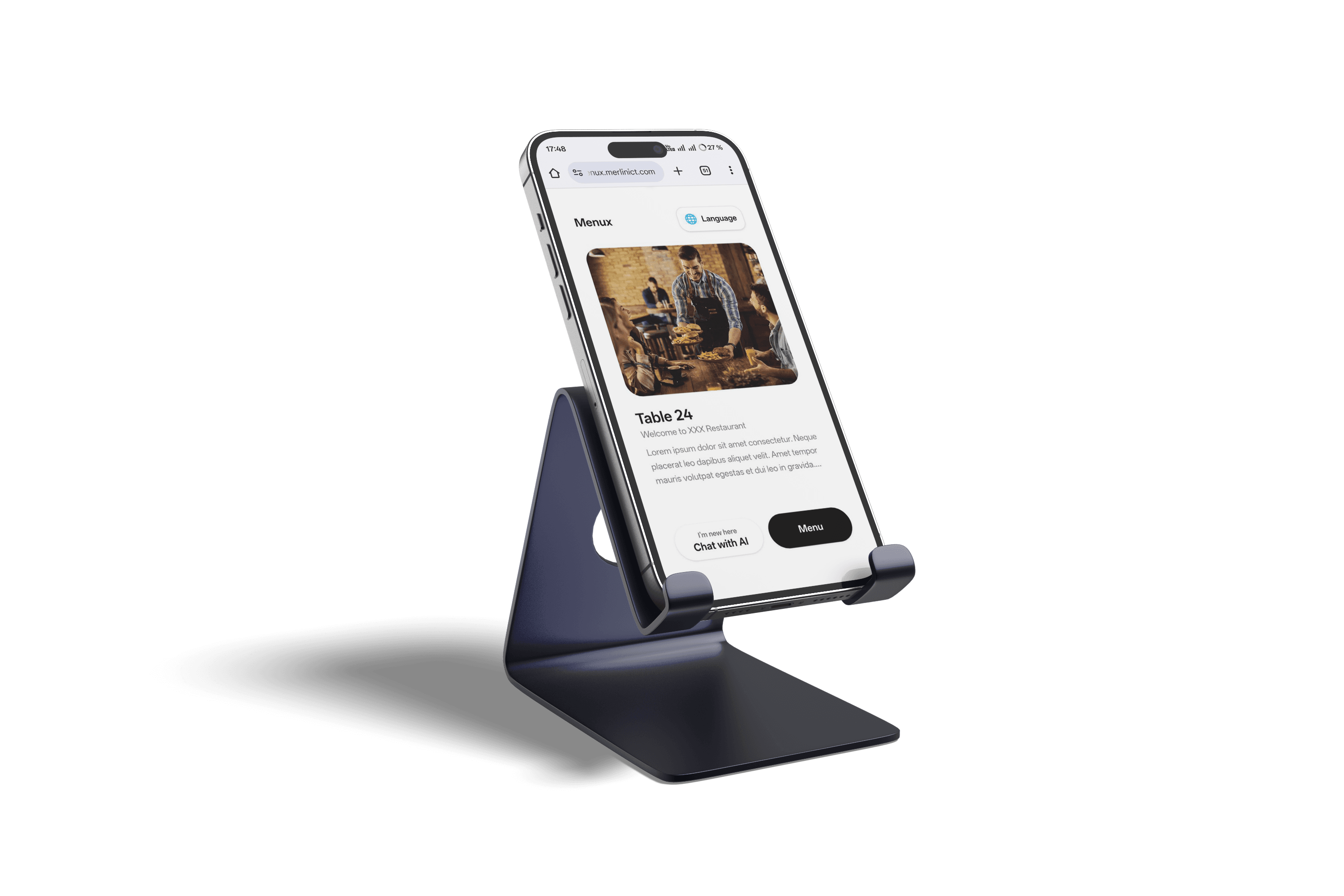 Menux welcome screen on a phone stand