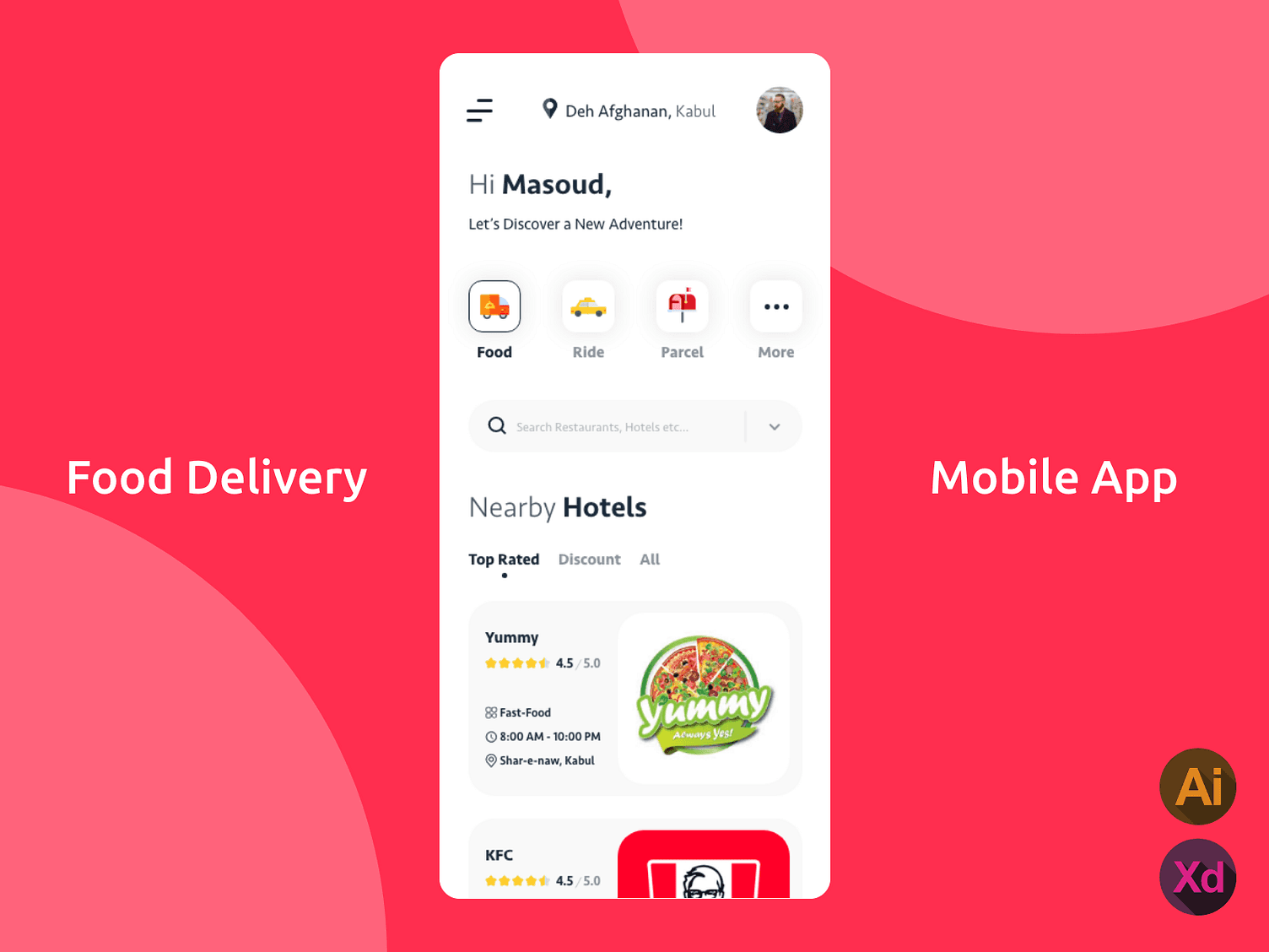 Yummy food delivery app home screen with restaurant discovery